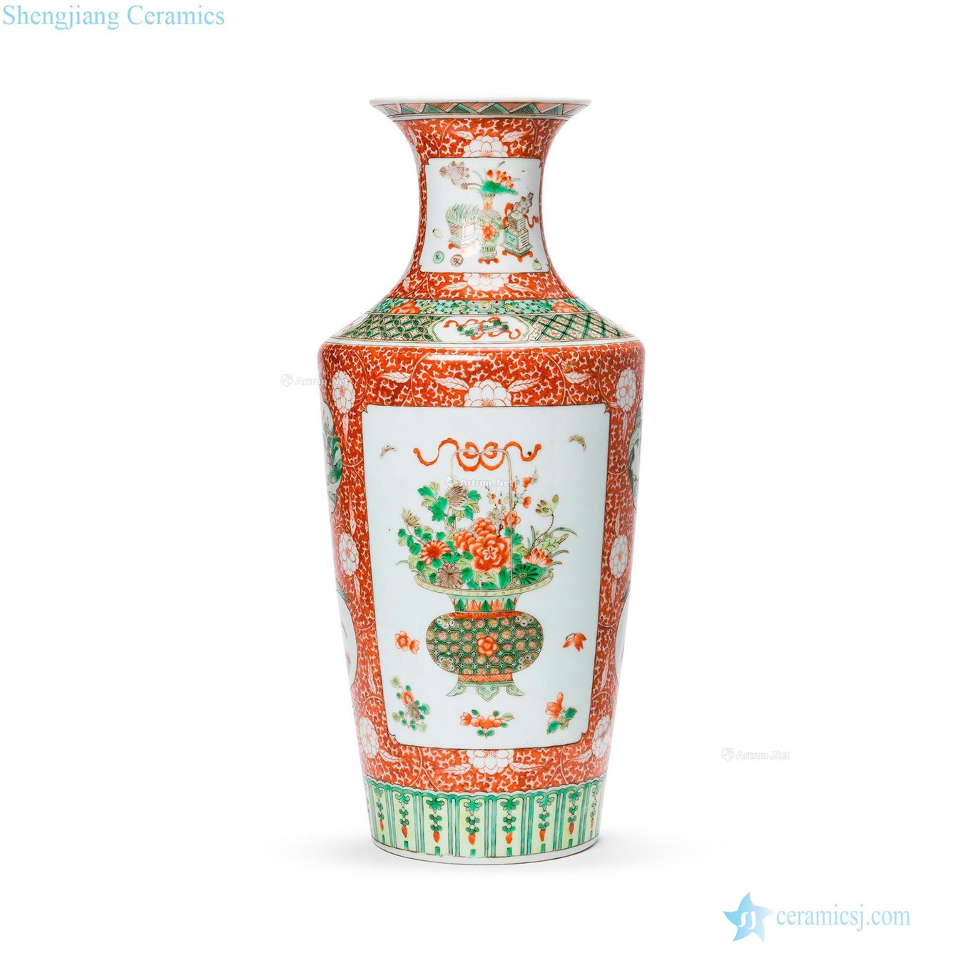 Qing guangxu Coral red medallion multicoloured flowers grain rod hammer bottle