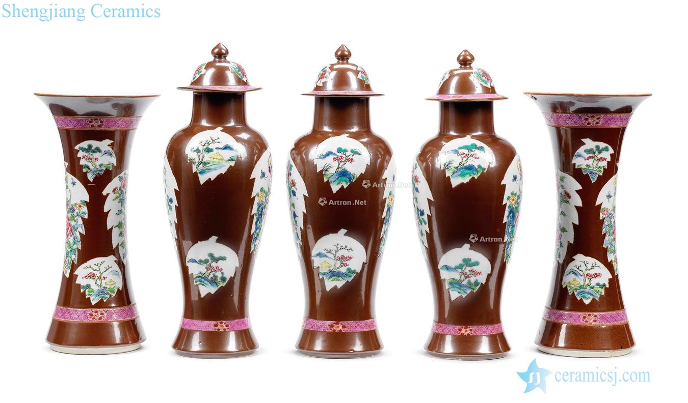Qing dynasty in the 18th century in zijin powder enamel leaf shape medallion landscape grain bottle vase with flowers (a set of five pieces)