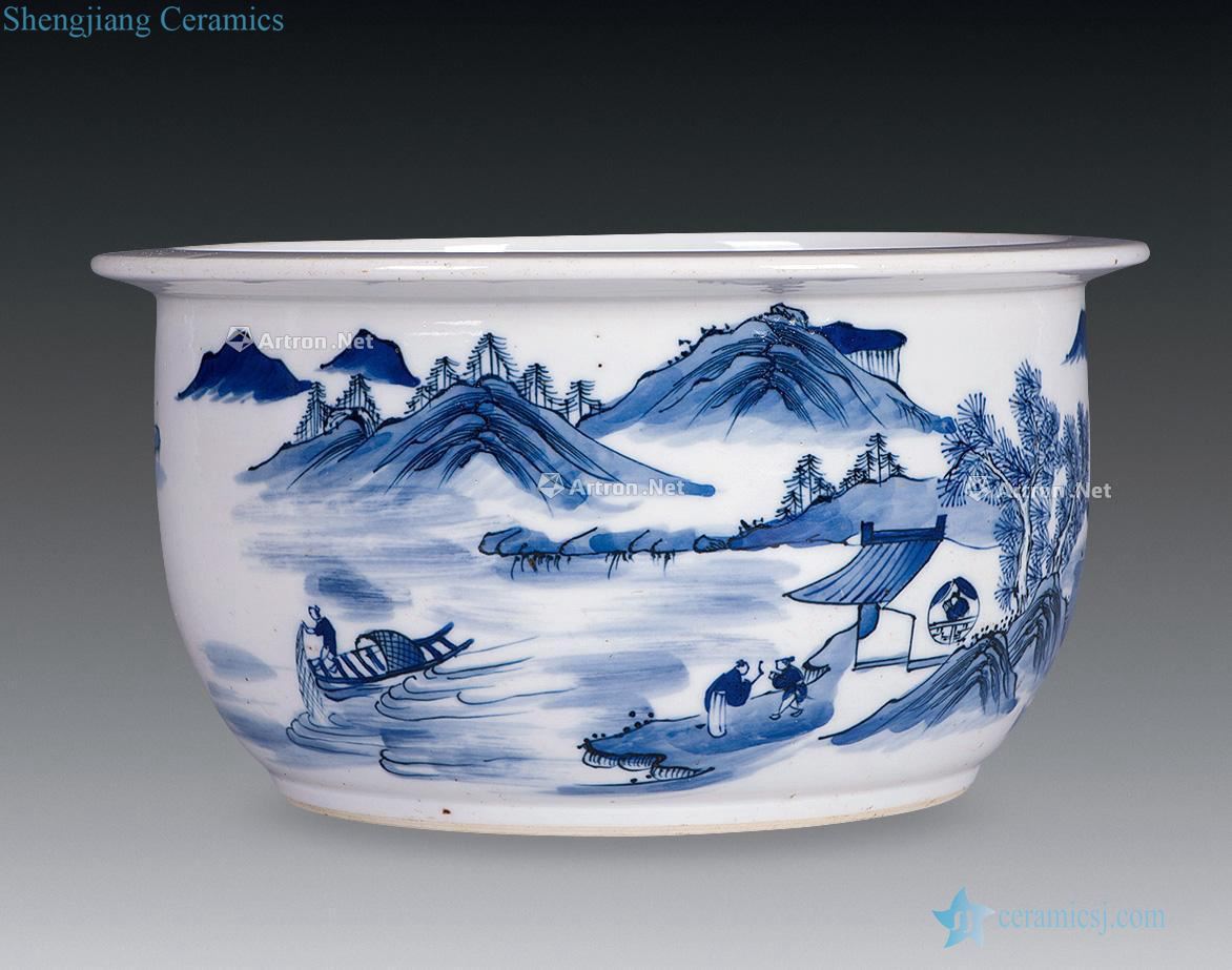 In the 19th century Blue and white landscape character small cylinder