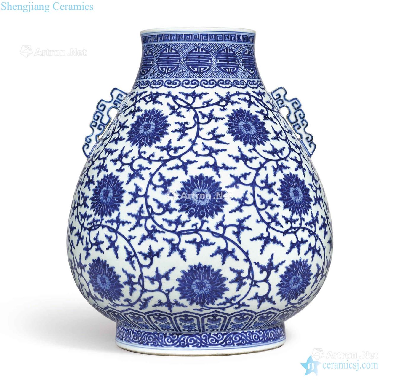 Qing qianlong Blue and white lotus flower grain Wan Shoulong ear pot