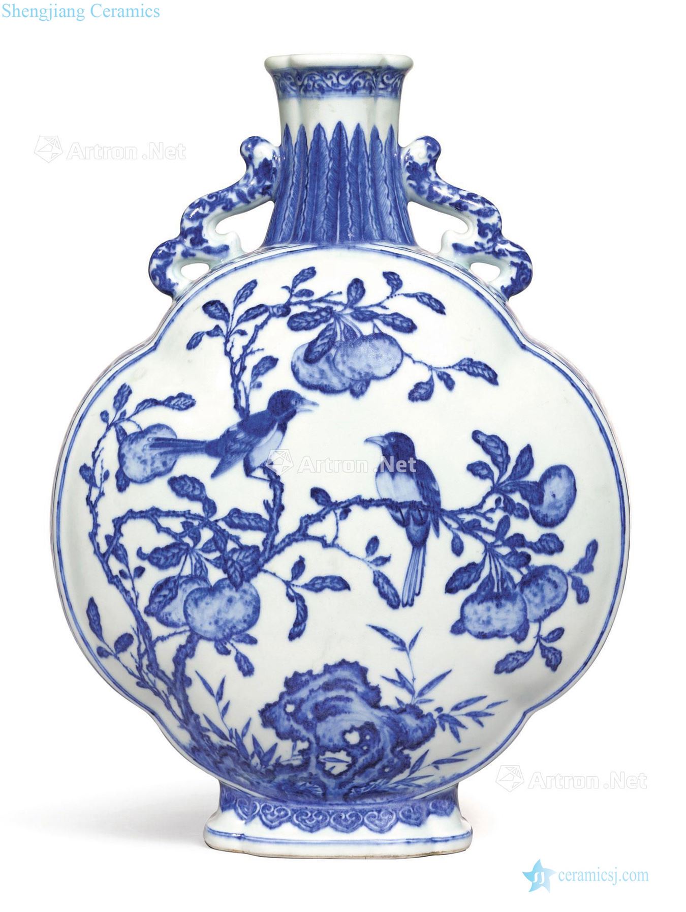 Qing yongzheng Blue and white flower on wen xi haitang type dragon ear flat pot on its branches