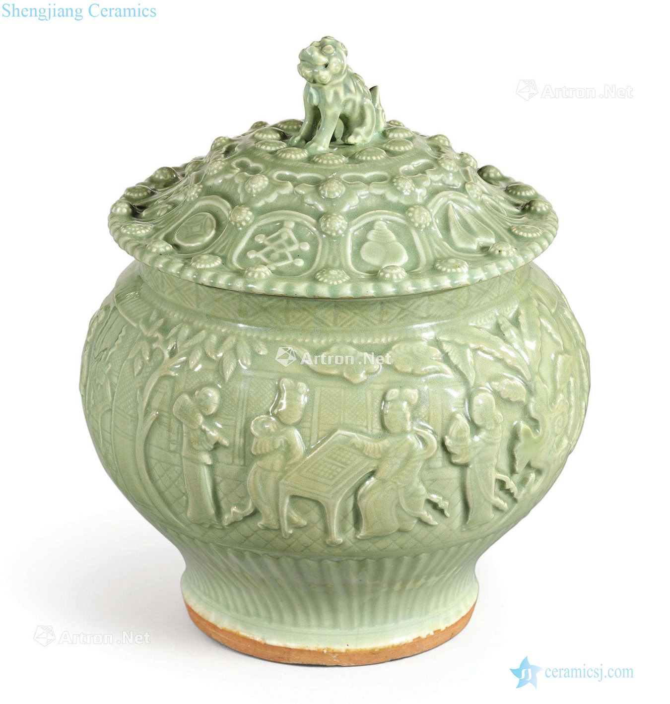 yuan Longquan green glaze are gentle four art figure lion button cover tank