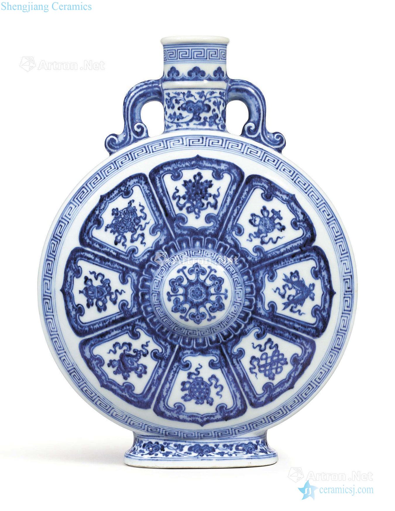 Qing qianlong Blue and white eight auspicious grain ears flat pot
