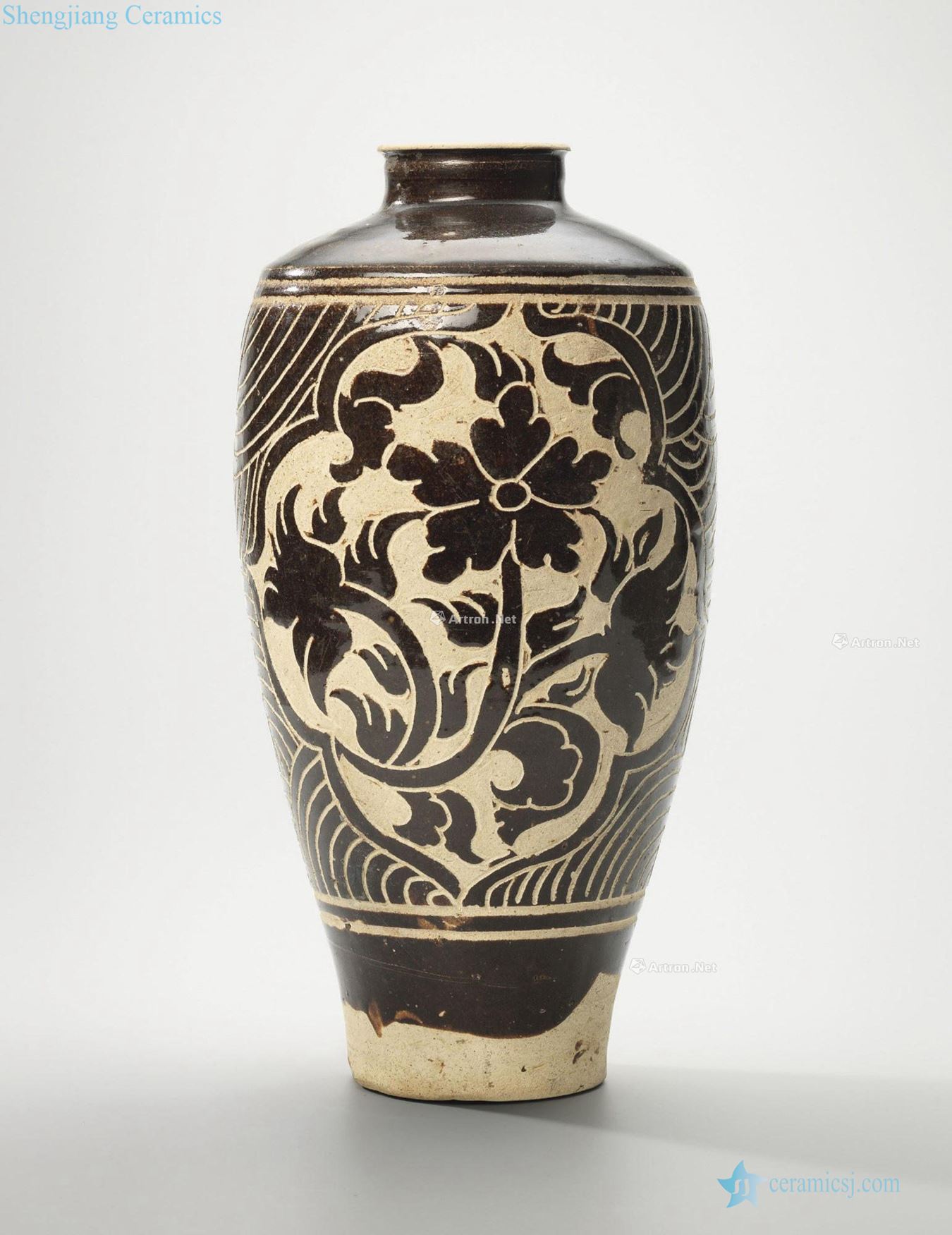 Xixia 12/13 century Black glaze carved flower medallion flower grain mei bottle