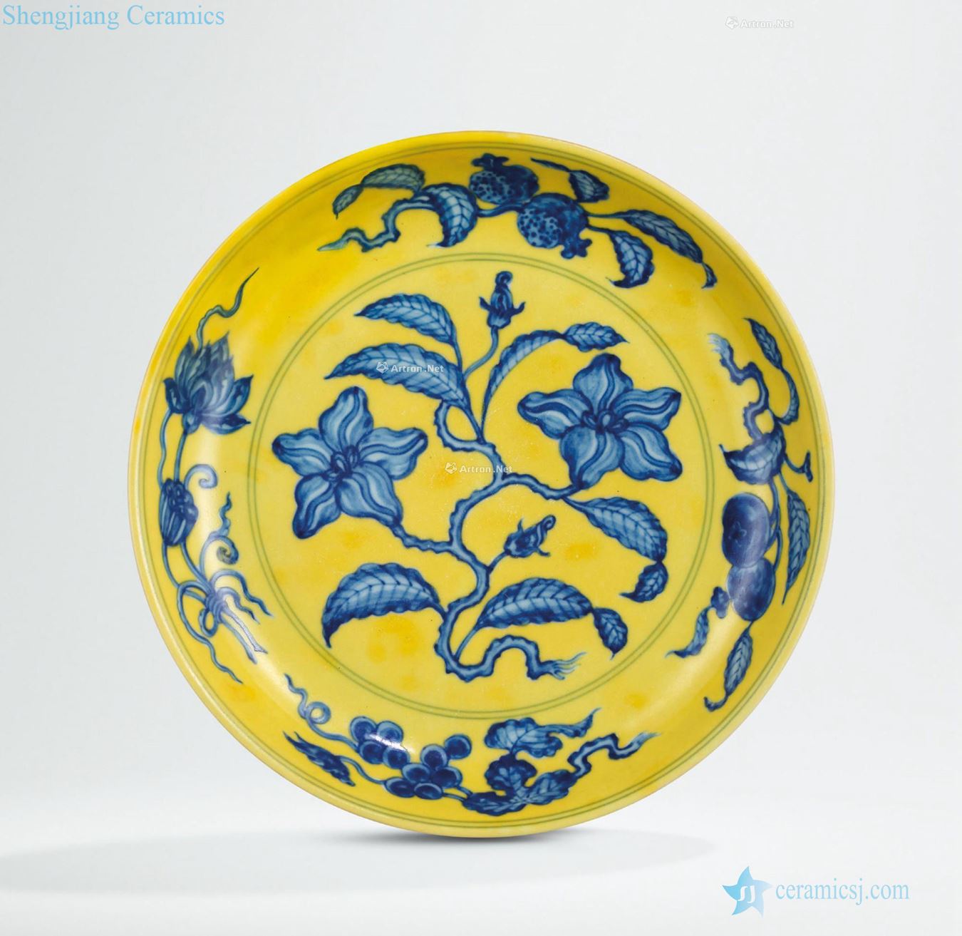 Ming hongzhi Blue and white pattern plate of gardenia yellow