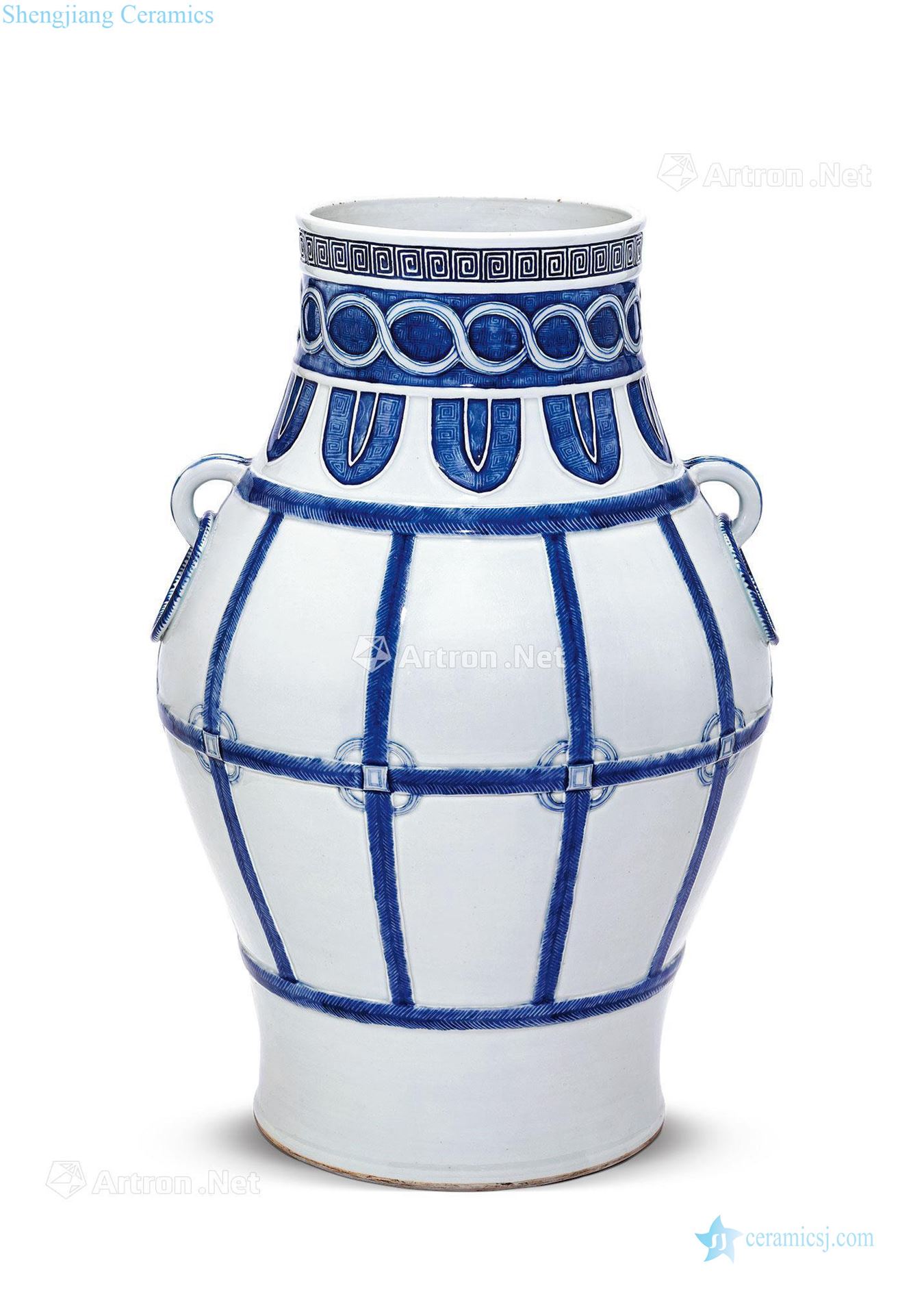 Qing yongzheng blue and white rope string of copper lines large bottle