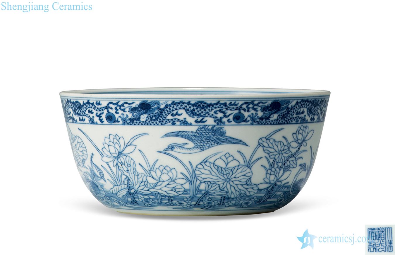Qing daoguang Blue and white lotus pond yuanyang green-splashed bowls
