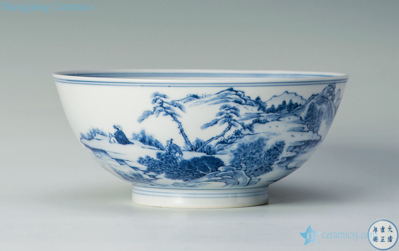 Qing yongzheng Blue and white landscape green-splashed bowls