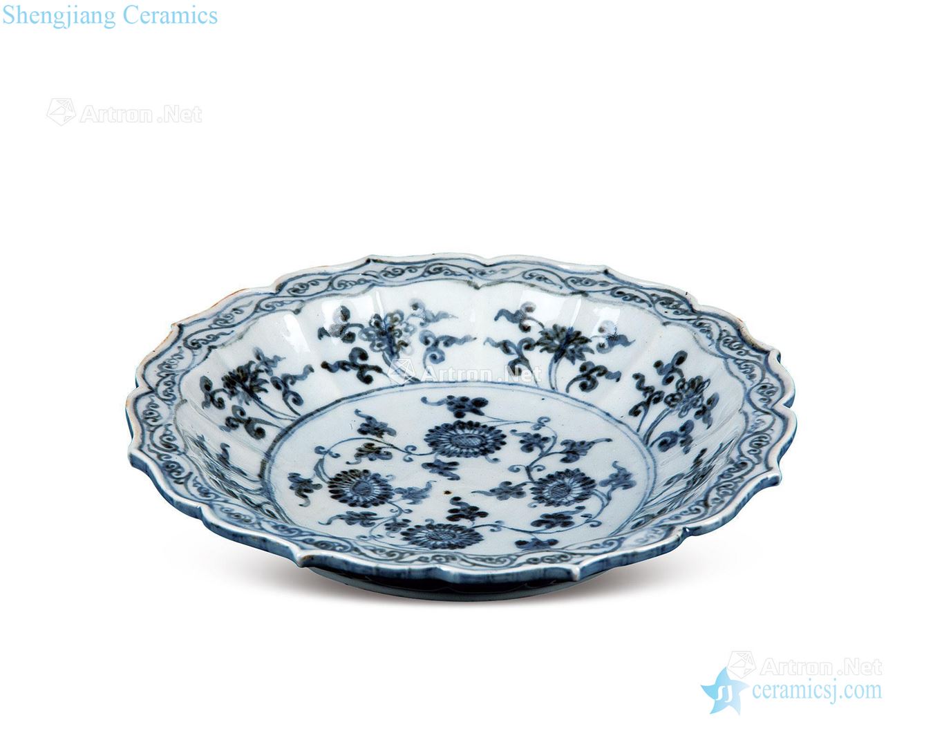 Ming hongwu Blue and white chrysanthemum wen ling mouth tray
