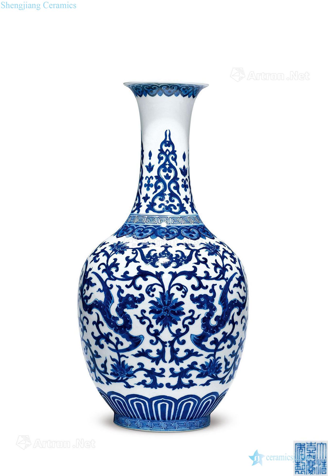 Qing jiaqing Blue and white dragon live lines the flask