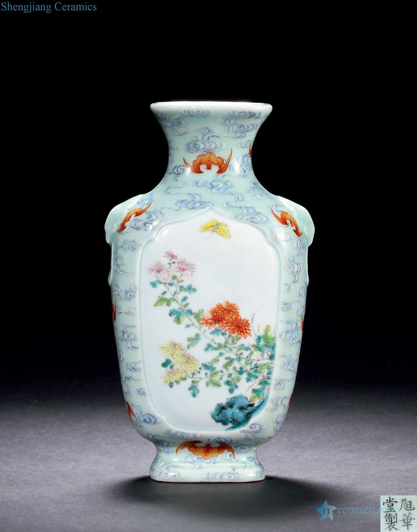 Qing qianlong powder blue glaze enamel medallion cloud bat chrysanthemum poems double dove ear flat bottles
