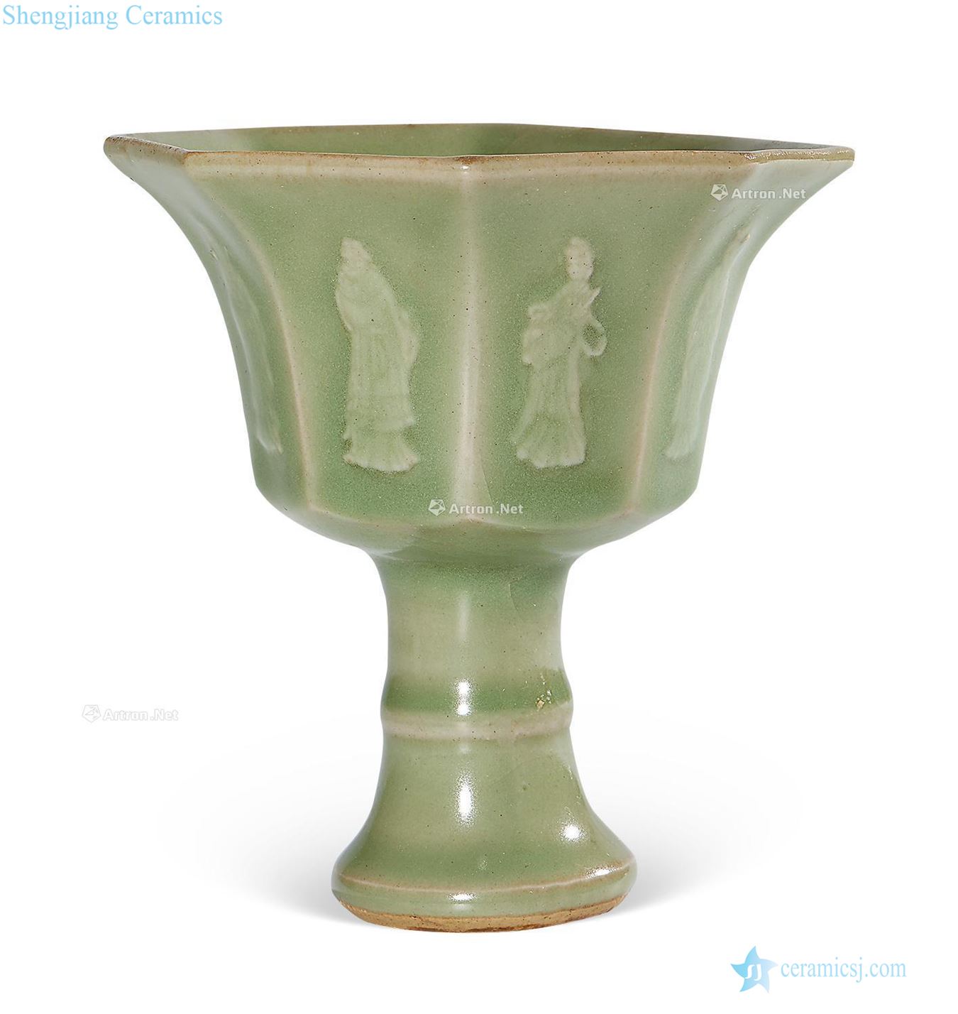 Ming Longquan celadon green glaze stamps the eight immortals footed cup
