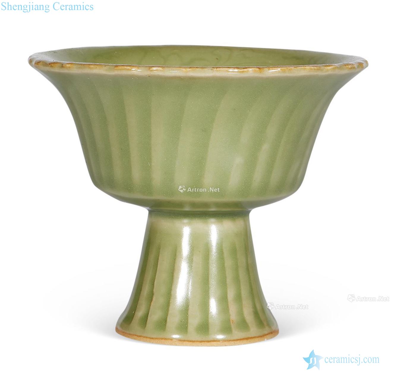 Ming Longquan celadon glaze dark carved flowers footed cup