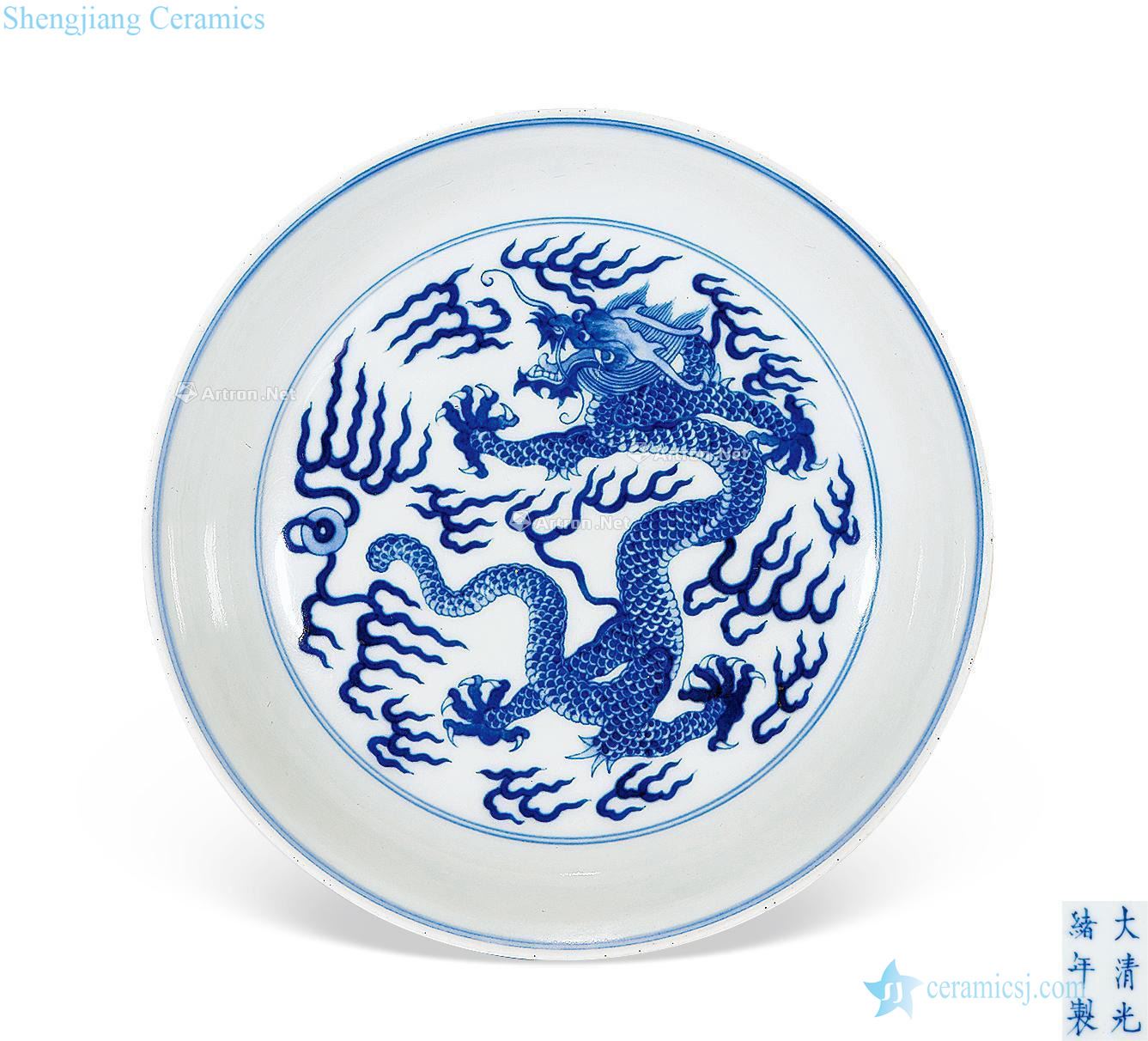 Qing guangxu Blue and white dragon disc