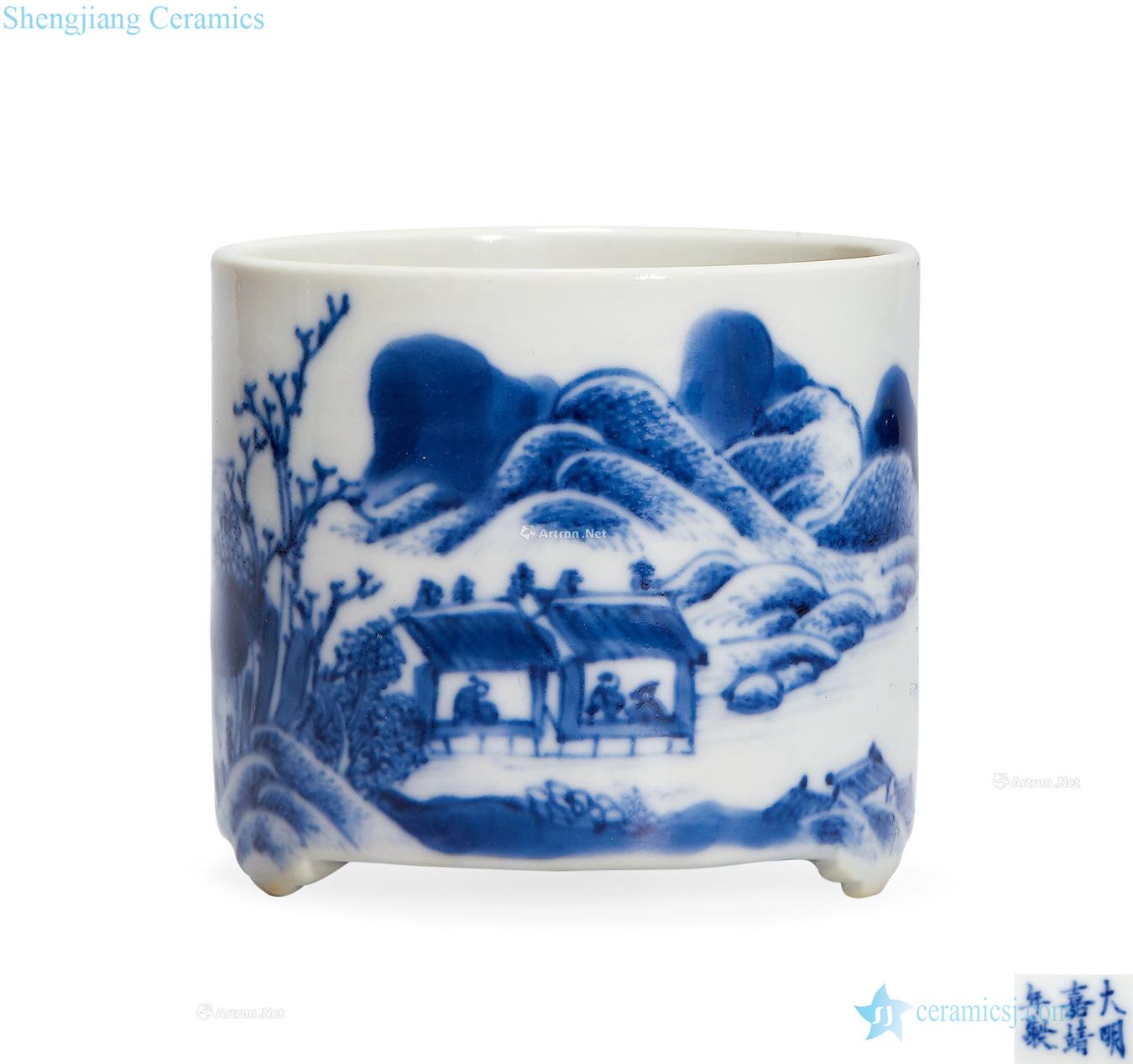 Qing qianlong Blue and white landscape character three-legged furnace