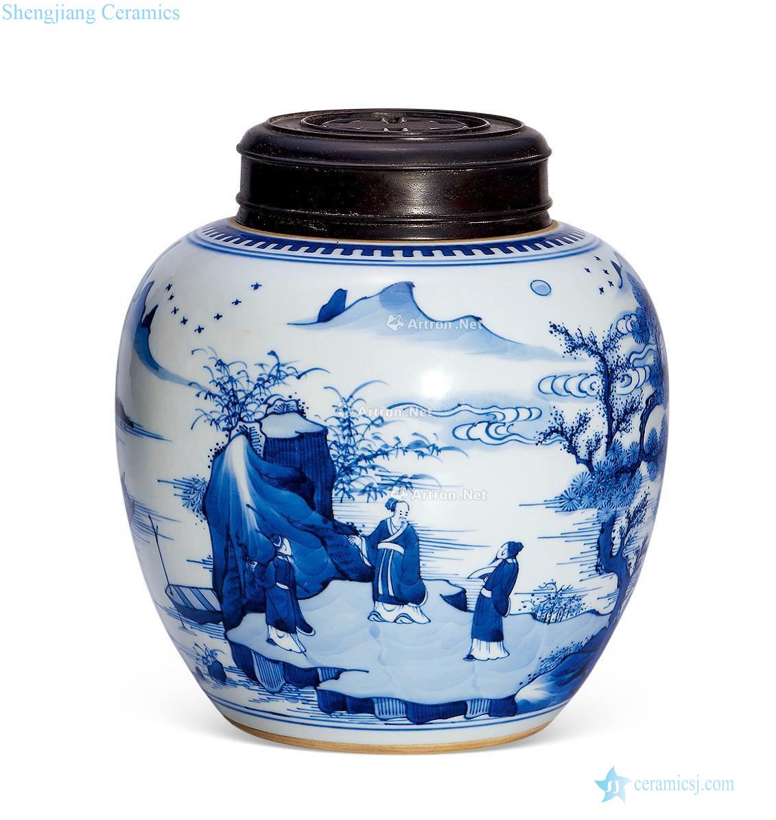 The qing emperor kangxi Blue and white landscape character story cans