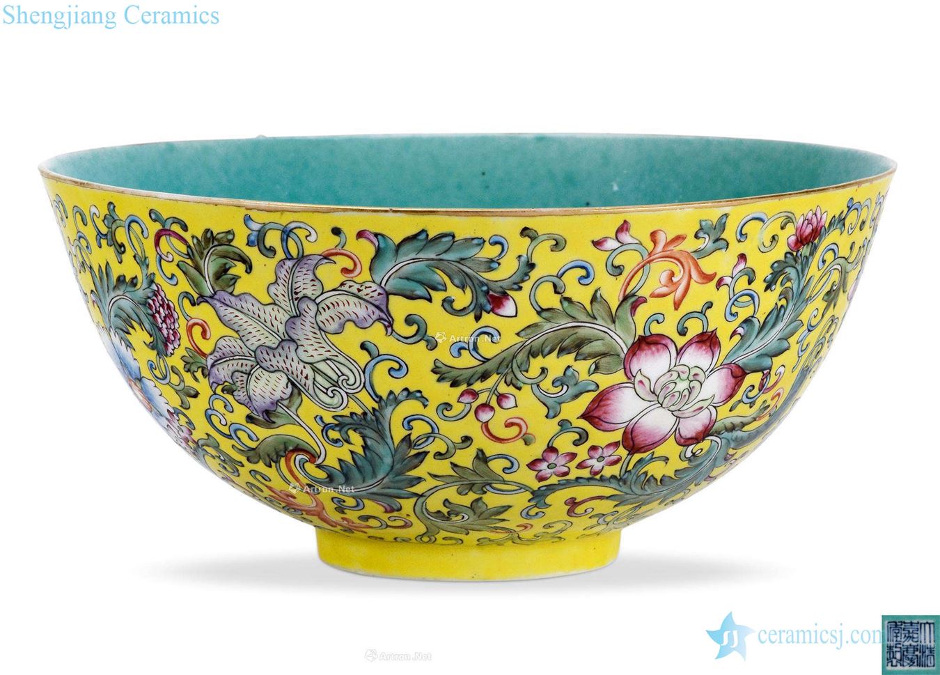 Qing jiaqing Yellow color the four seasons flower palace bowl