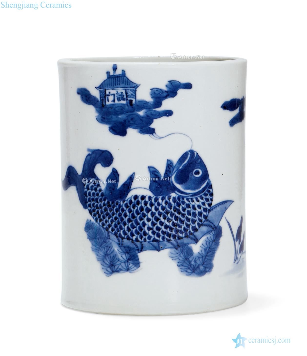 Blue and white "the carp jump longmen qing qianlong" brush pot