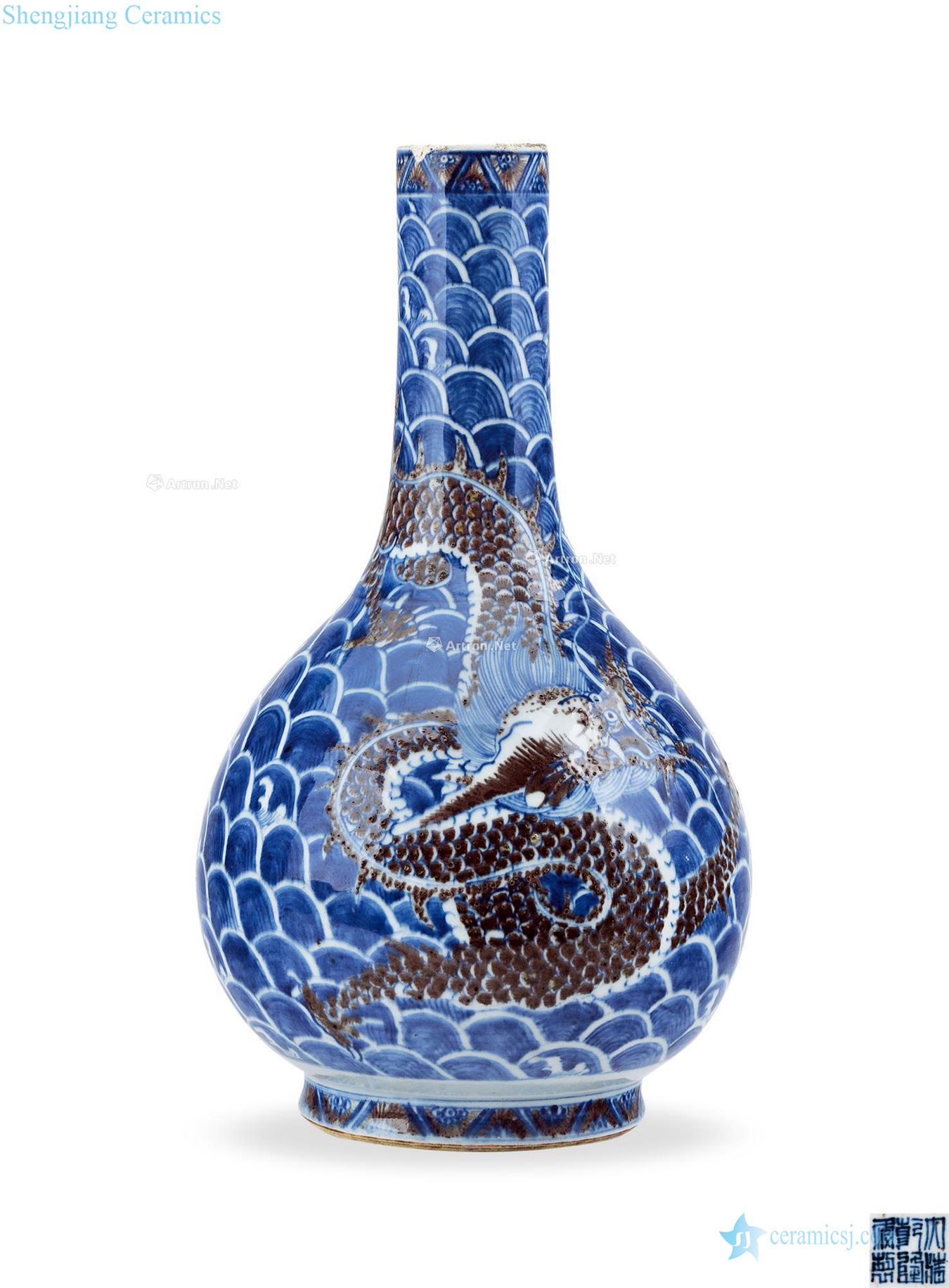 Qing qianlong Blue and white youligong red sea water dragon grain gall bladder