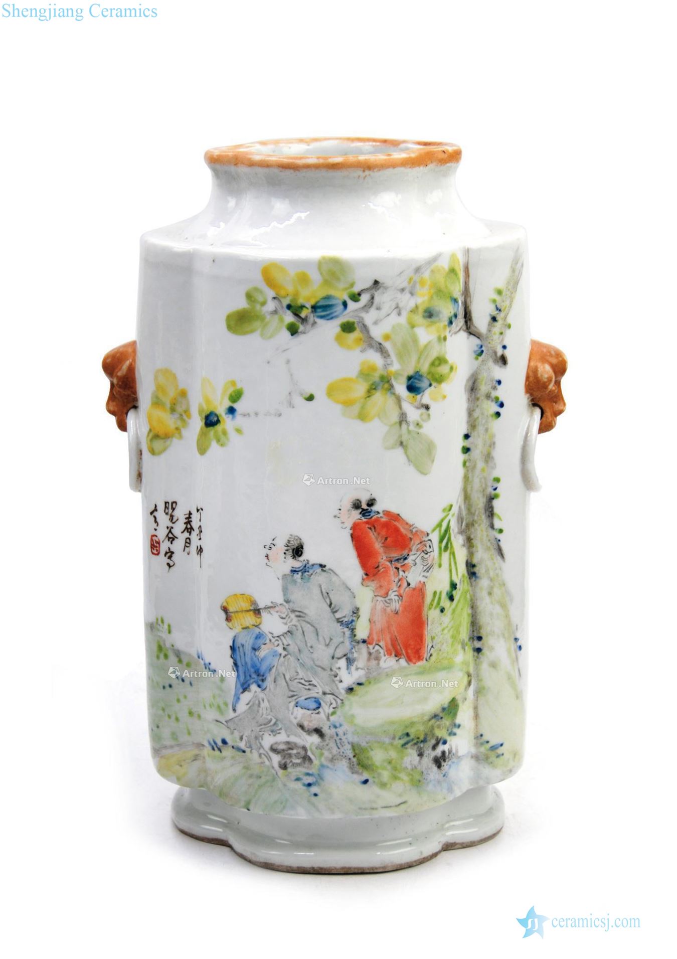 The late qing dynasty Pastel beast ear bottle