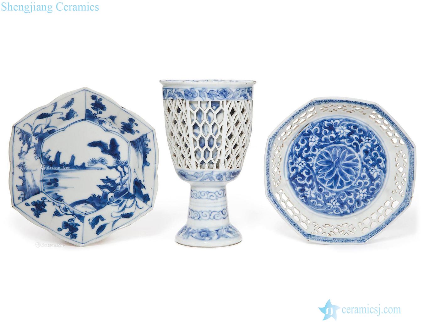 Blue and white six-party disc, the qing emperor kangxi porcelain engraved look best cups, and a blue and white engraved look eight side dish