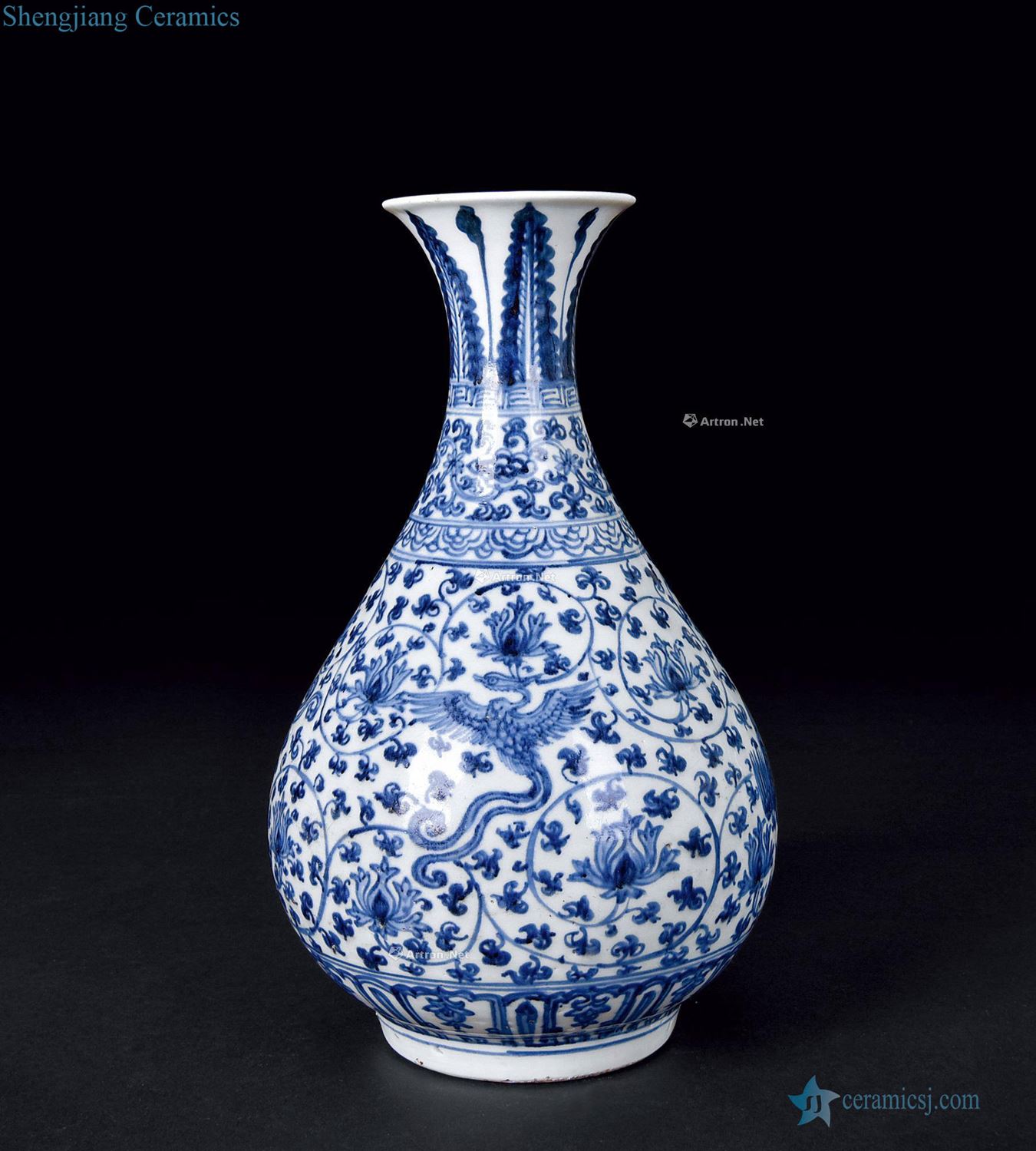 Ming blank period Blue and white tie up branch grain okho spring bottle