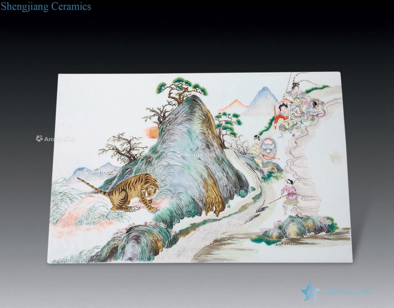Pastel scenery figure painting tiger in late qing dynasty porcelain plate