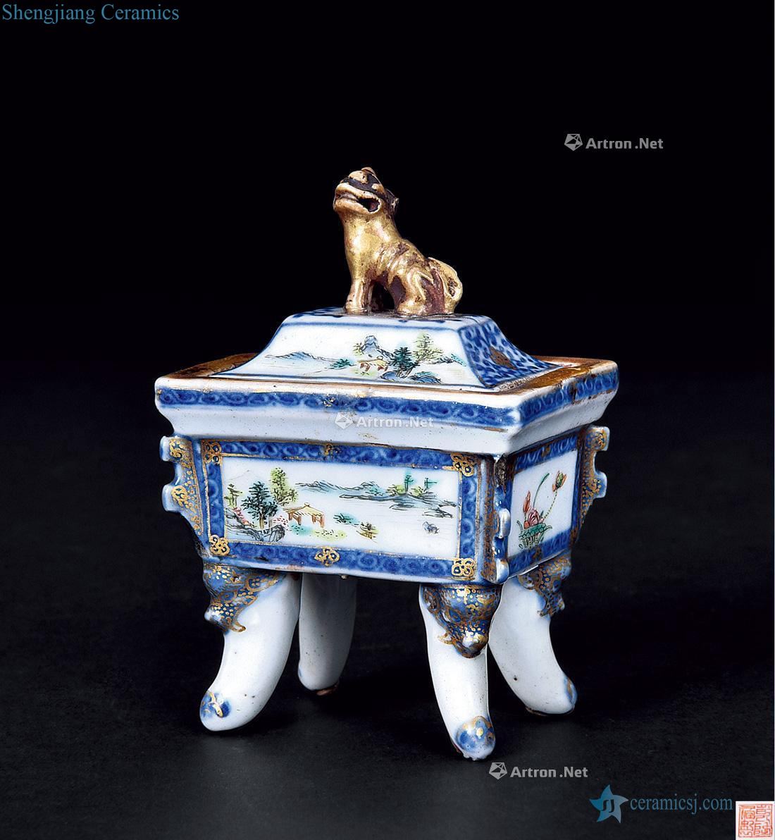 Qing qianlong pastel landscape pattern beast button porcelain incense burner