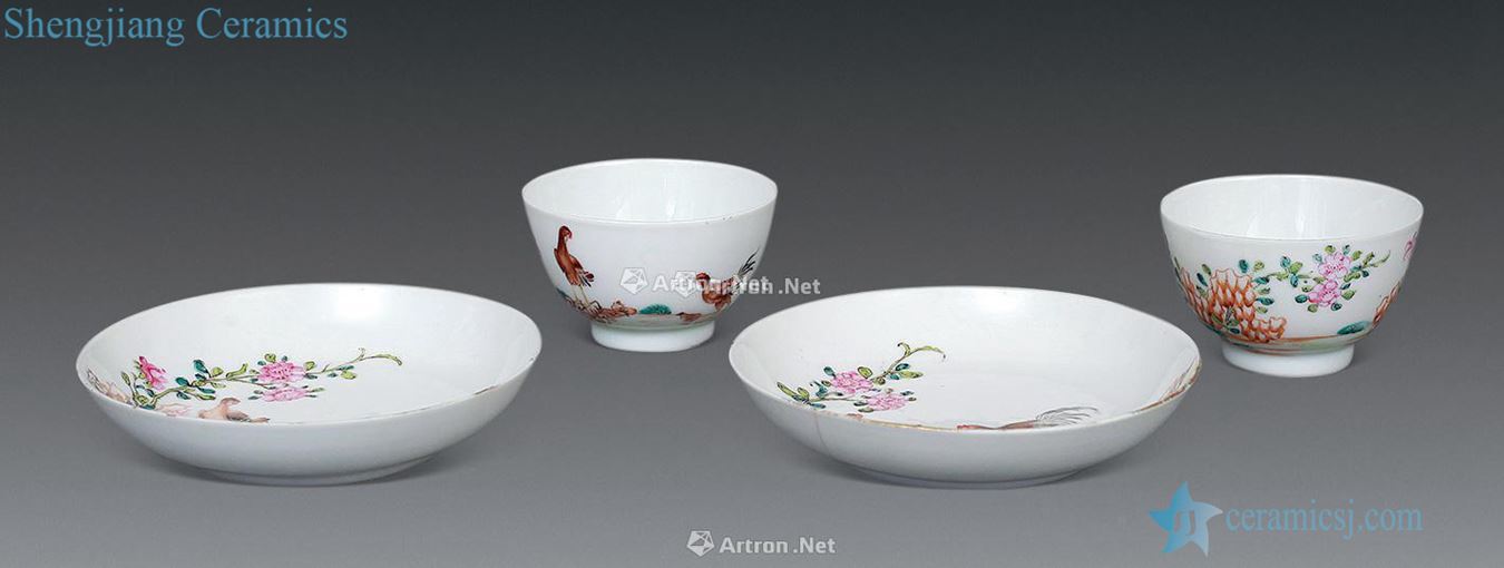 Yongzheng pastel painting chicken cups and saucers (four pieces)