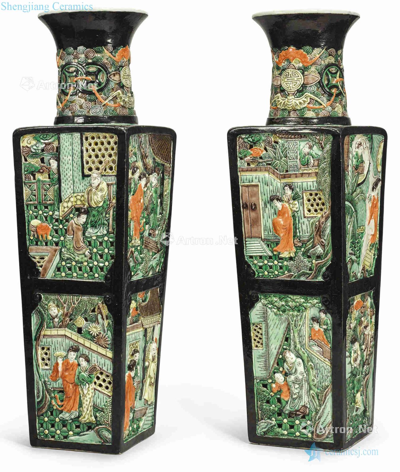 /in the late qing dynasty in the early 20th century Ink colorful medallion to hollow out relief figure vase stories of west chamber (a)