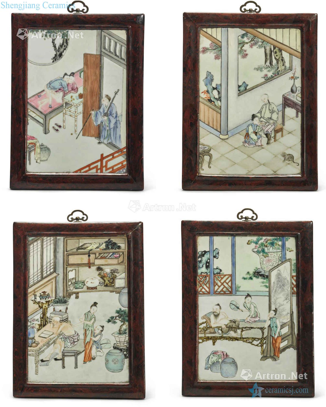 Qing dynasty in the 19th century Pastel pornography diagram porcelain plate (a set of four)