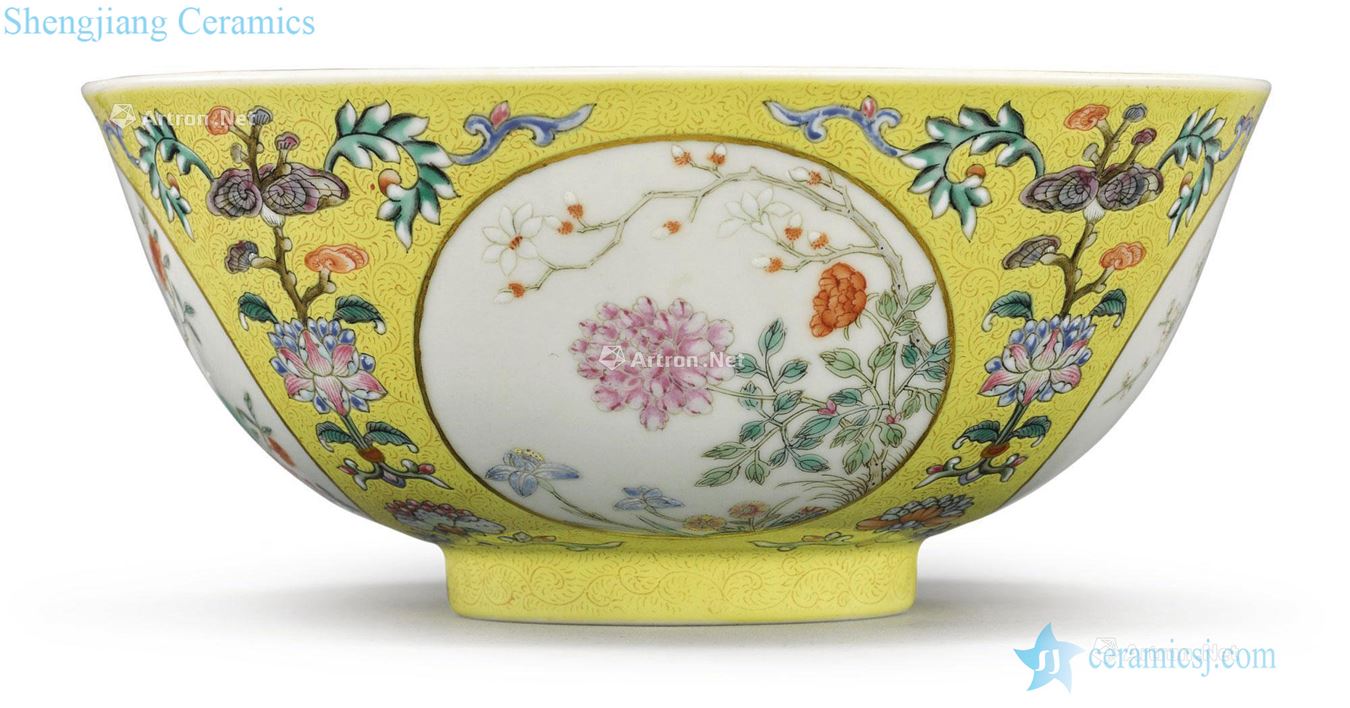 Qing daoguang Figure 盌 to pastel yellow medallion four seasons of flowers