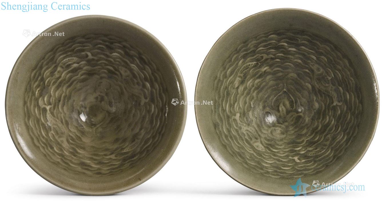 Northern song dynasty/gold Yao state kiln green glaze printed blue waves fish grain small 盌 (two)