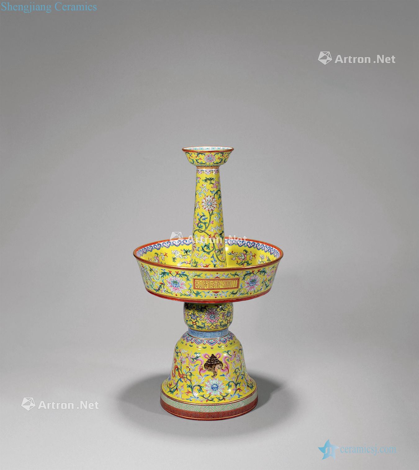 qing Yellow glaze enamel eight auspicious candlestick