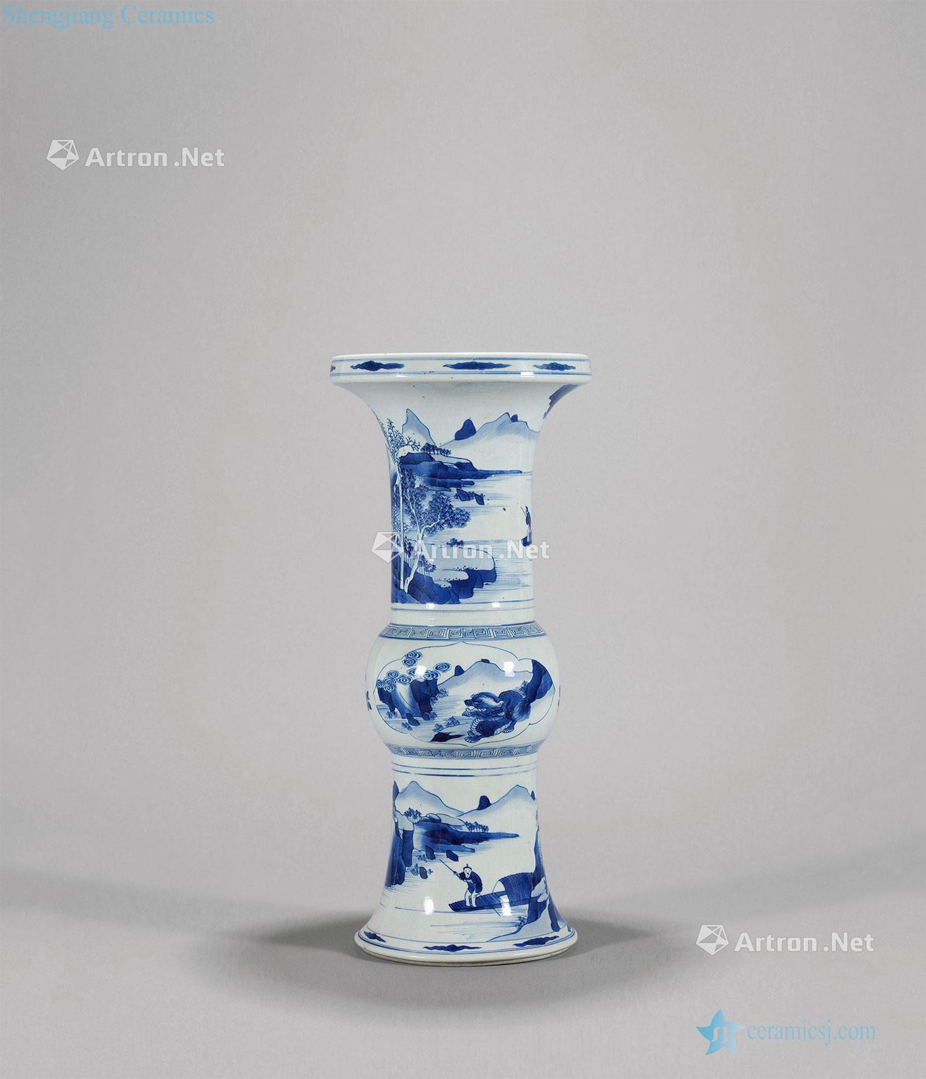 qing Blue and white flower vase with landscape characters