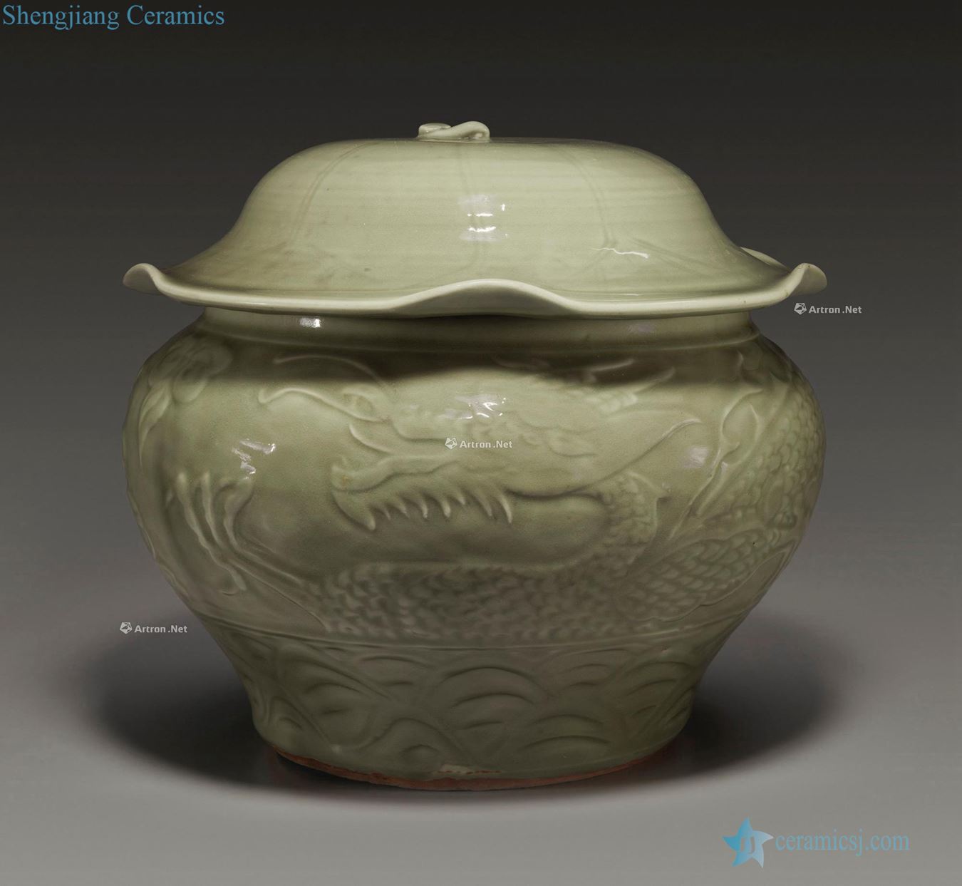 The yuan dynasty, the 14th century A RARE LONGQUAN CELADON CARVED JAR AND COVER