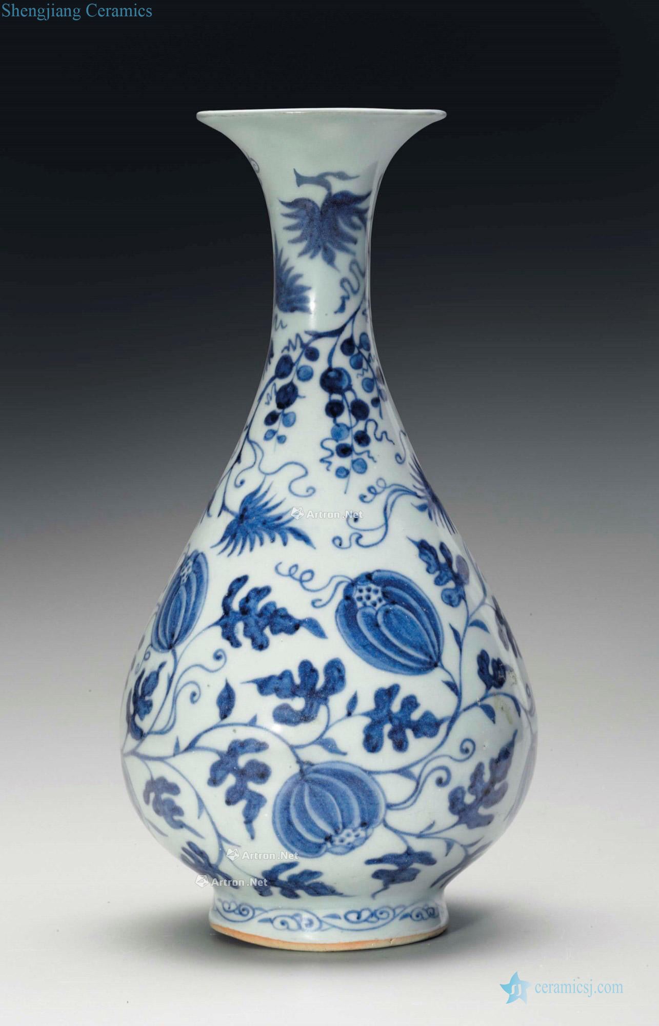 YUAN DYNASTY (1279 ~ 1279) is A VERY RARE BLUE AND WHITE PEAR - SHAPED BOTTLE VASE, YUHUCHUNPING