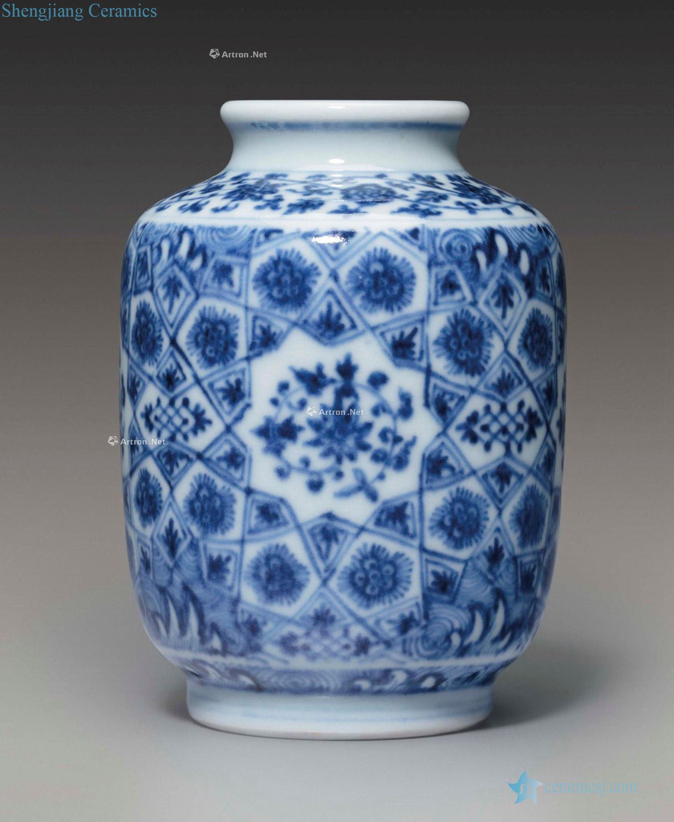 YONGZHENG SIX ~ CHARACTER MARK IN UNDERGLAZE BLUE WITHIN A DOUBLE CIRCLE THE AND OF THE PERIOD (1723 ~ 1735) A SMALL MING - STYLE BLUE AND WHITE CYLINDRICAL JAR