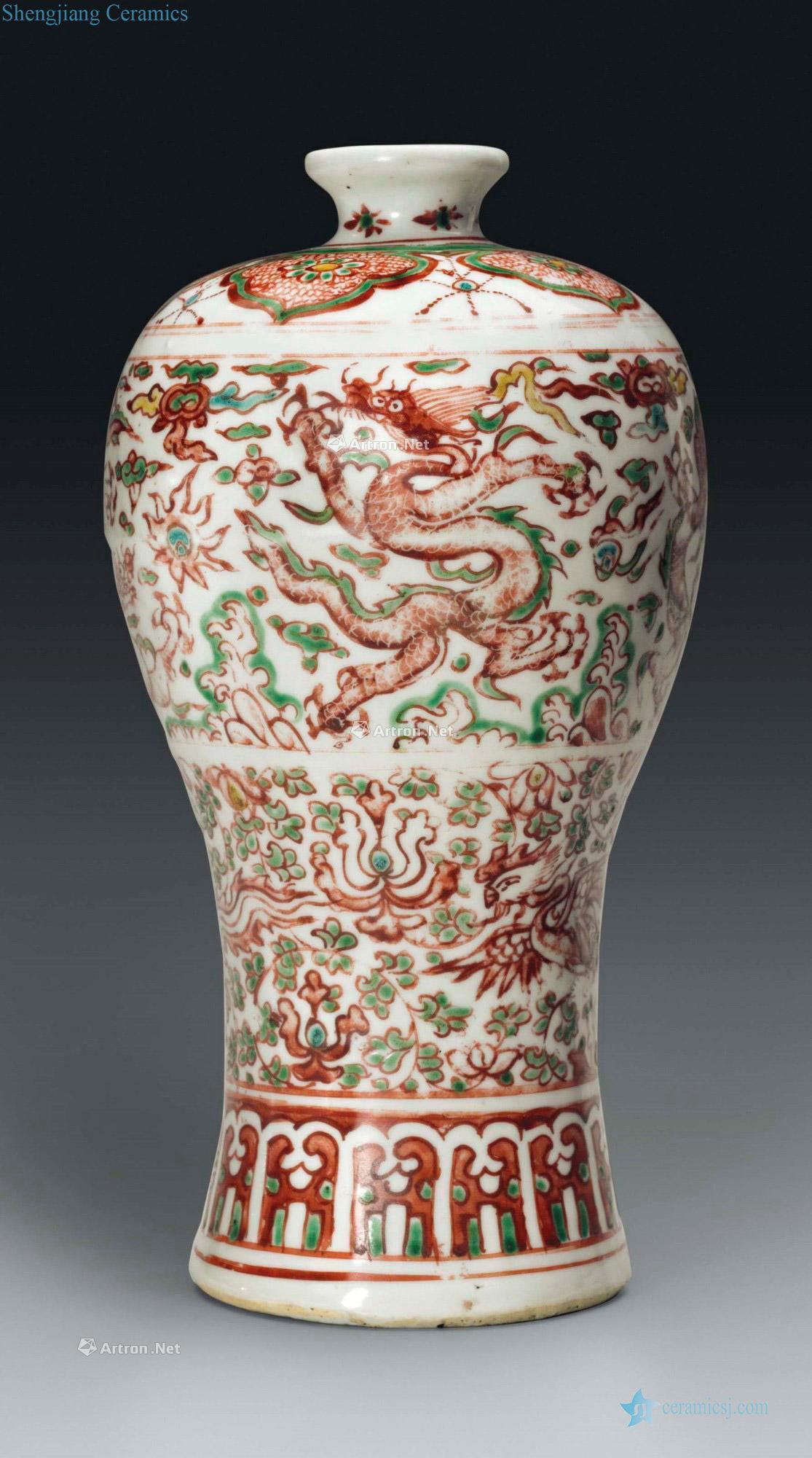 The newest MING DYNASTY, the 16 th CENTURY A RARE IRON - RED, GREEN, YELLOW AND TURQUOISE - GLAZED VASE, MEIPING