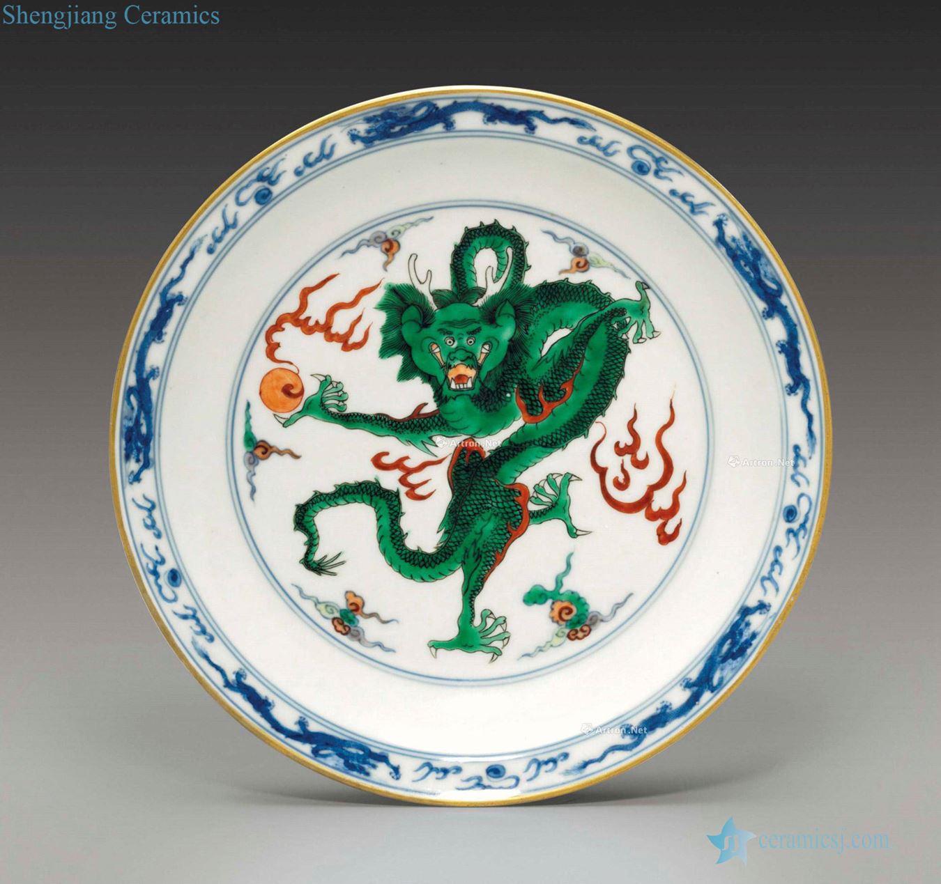 YONGZHENG SIX ~ CHARACTER MARK IN UNDERGLAZE BLUE WITHIN A DOUBLE CIRCLE THE AND OF THE PERIOD (1723 ~ 1735) A WUCAI AND DOUCAI 'DRAGON' DISH