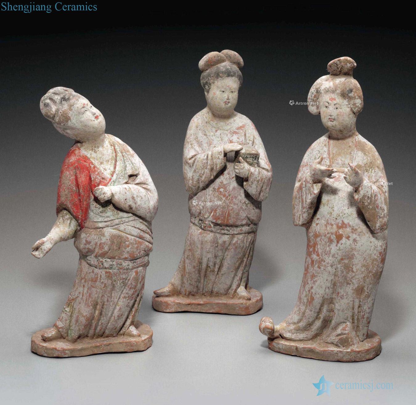 TANG DYNASTY (AD 618 ~ 907) AN lead GROUP OF THREE made POTTERY FIGURES OF COURT LADIES