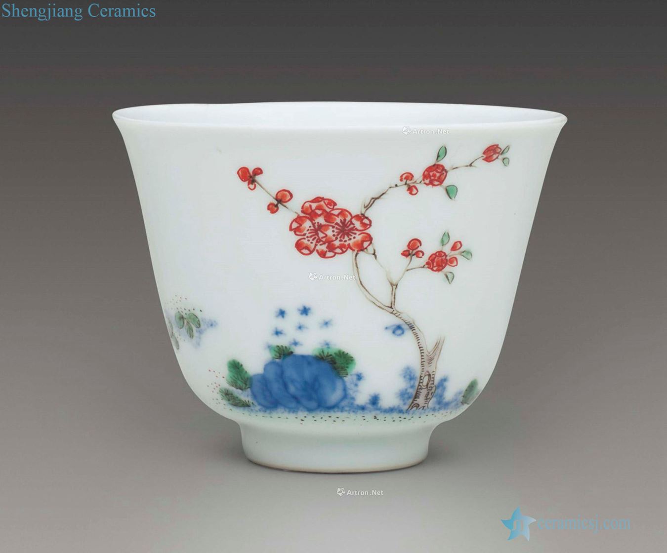 KANGXI SIX ~ CHARACTER MARK IN UNDERGLAZE BLUE WITHIN A DOUBLE CIRCLE THE AND OF THE PERIOD (1662 ~ 1722) A FAMILLE VERTE 'APRICOT BLOSSOM put' 'MONTH' CUP