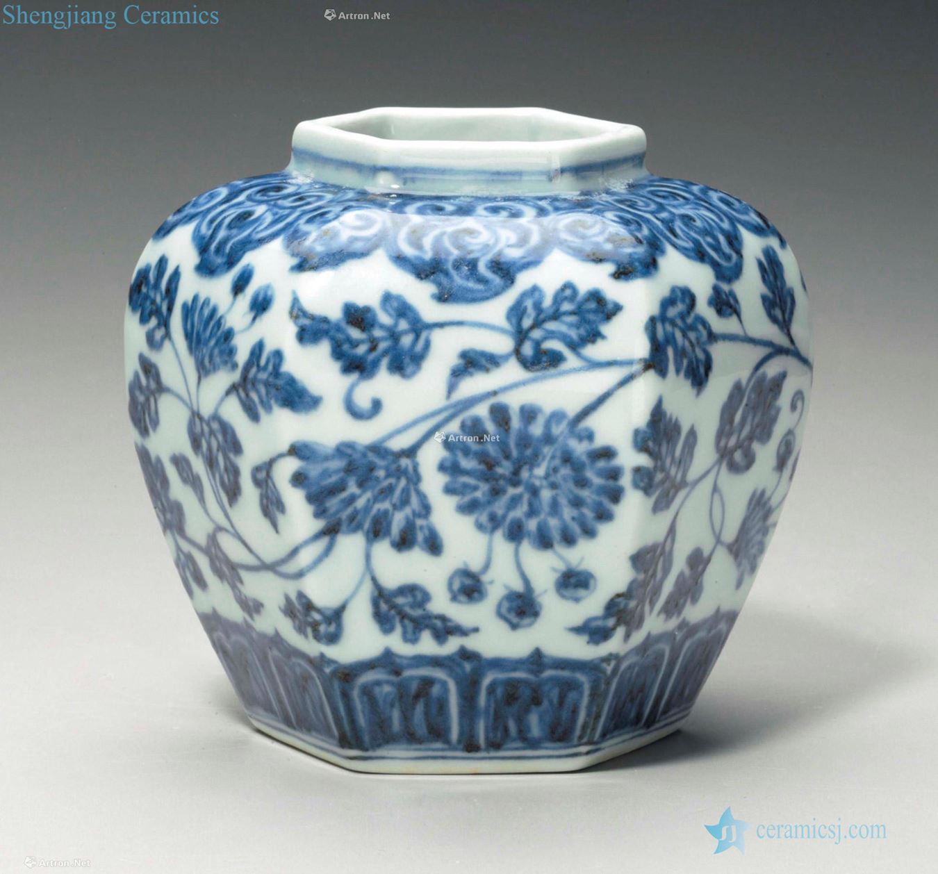 The EARLY MING DYNASTY, 15 th CENTURY A RARE SMALL BLUE AND WHITE HEXAGONAL JAR