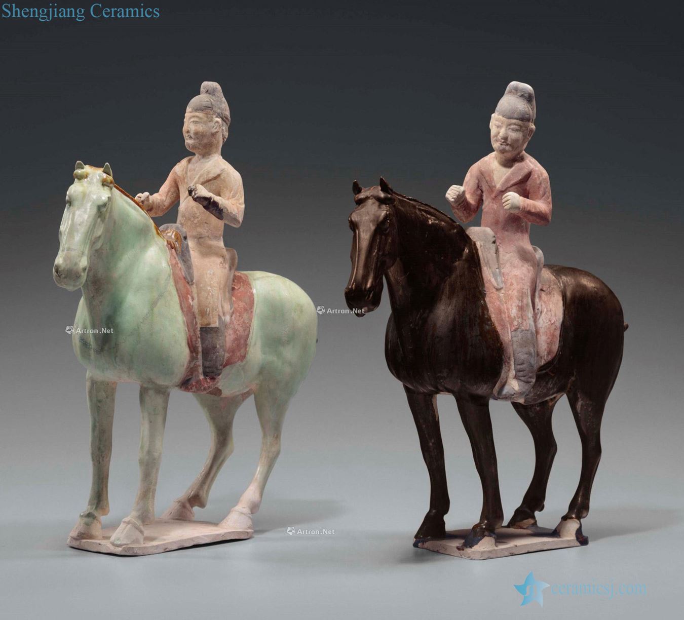 TANG DYNASTY (AD 618 ~ 907) TWO RARE GLAZED AND made POTTERY FIGURES OF EQUESTRIANS