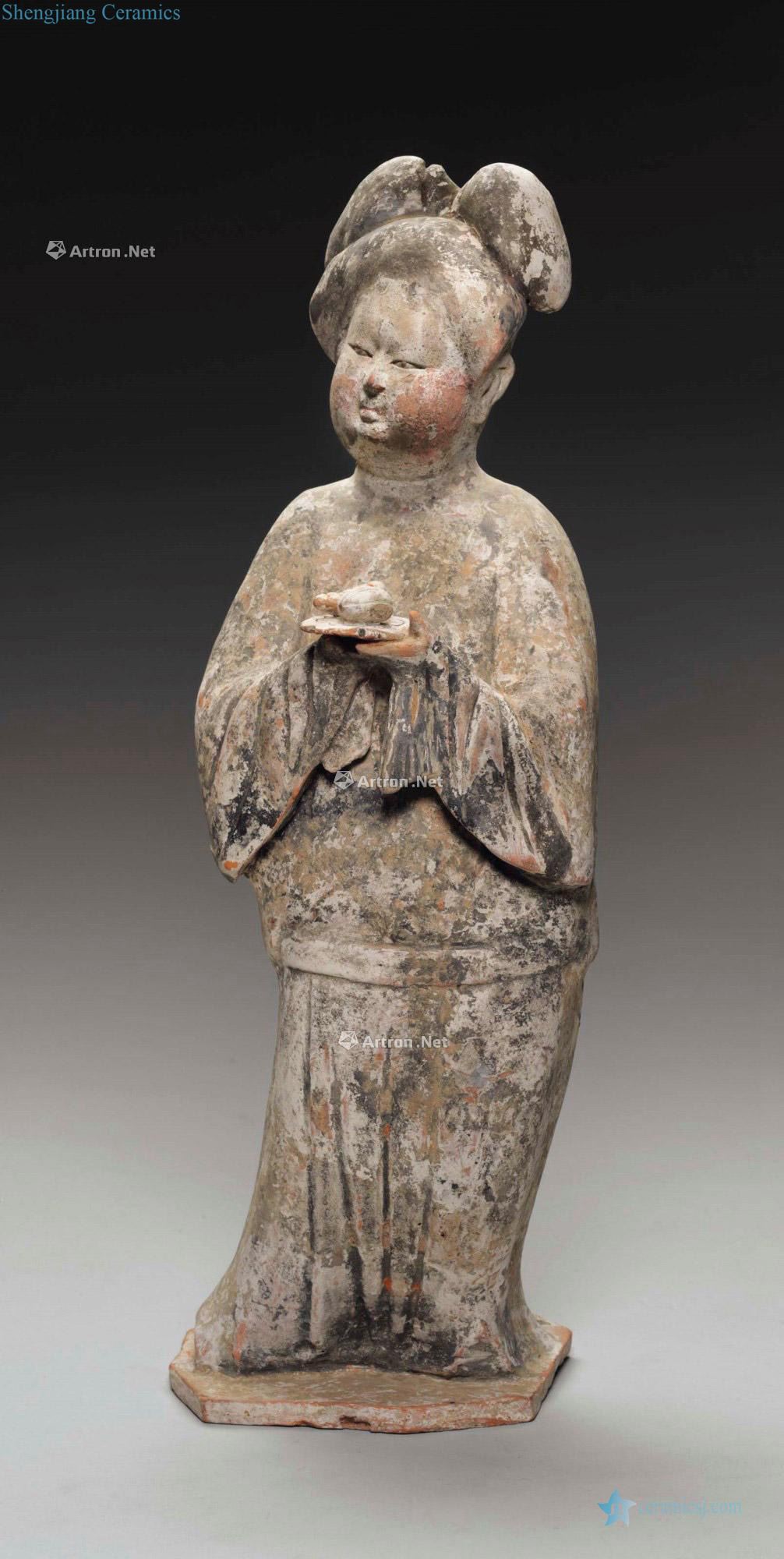 TANG DYNASTY (AD 618 ~ 907) A LARGE made RED POTTERY FIGURE OF A COURT LADY