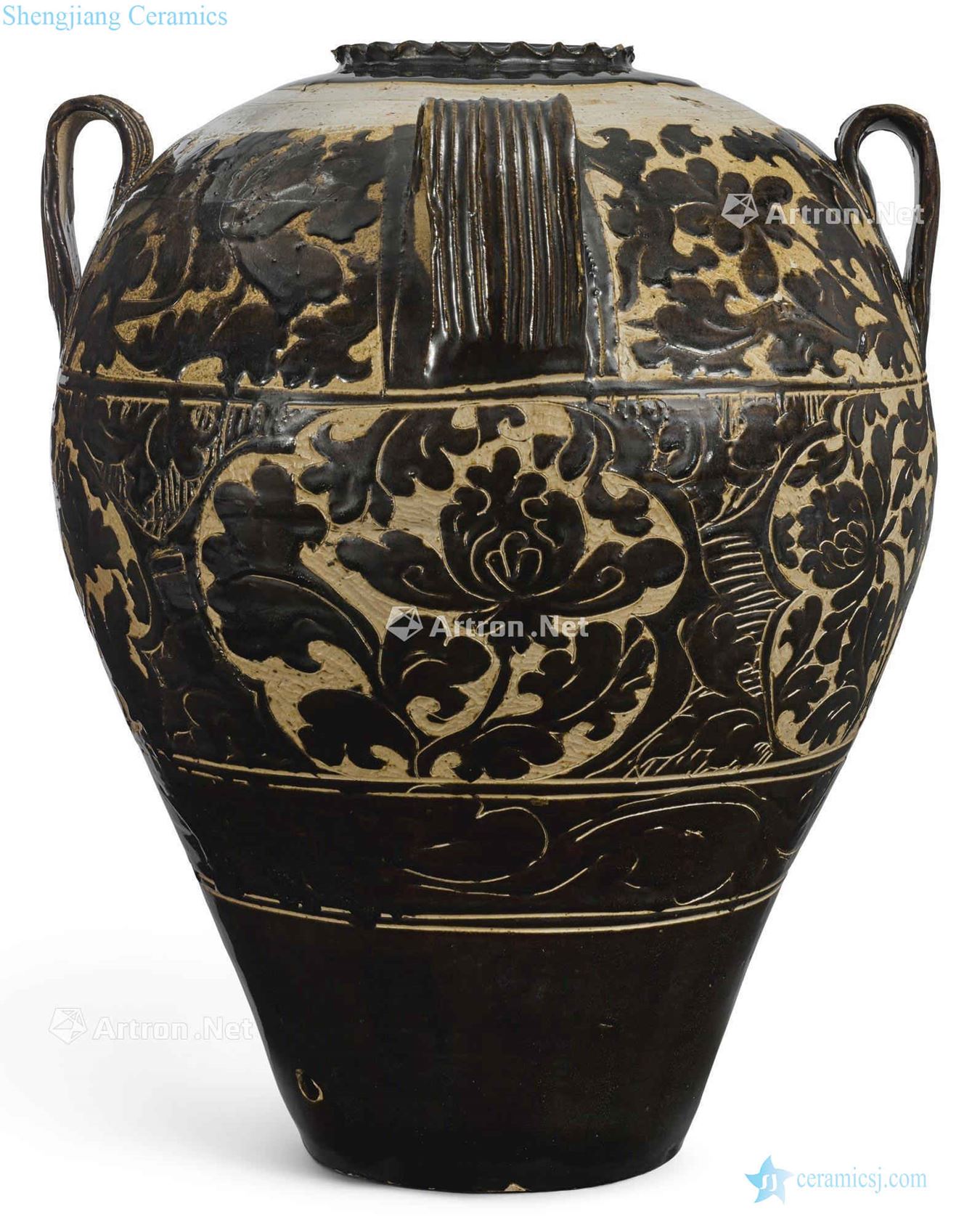 xixia LingWu black glazed carved four is a big pot peony grains