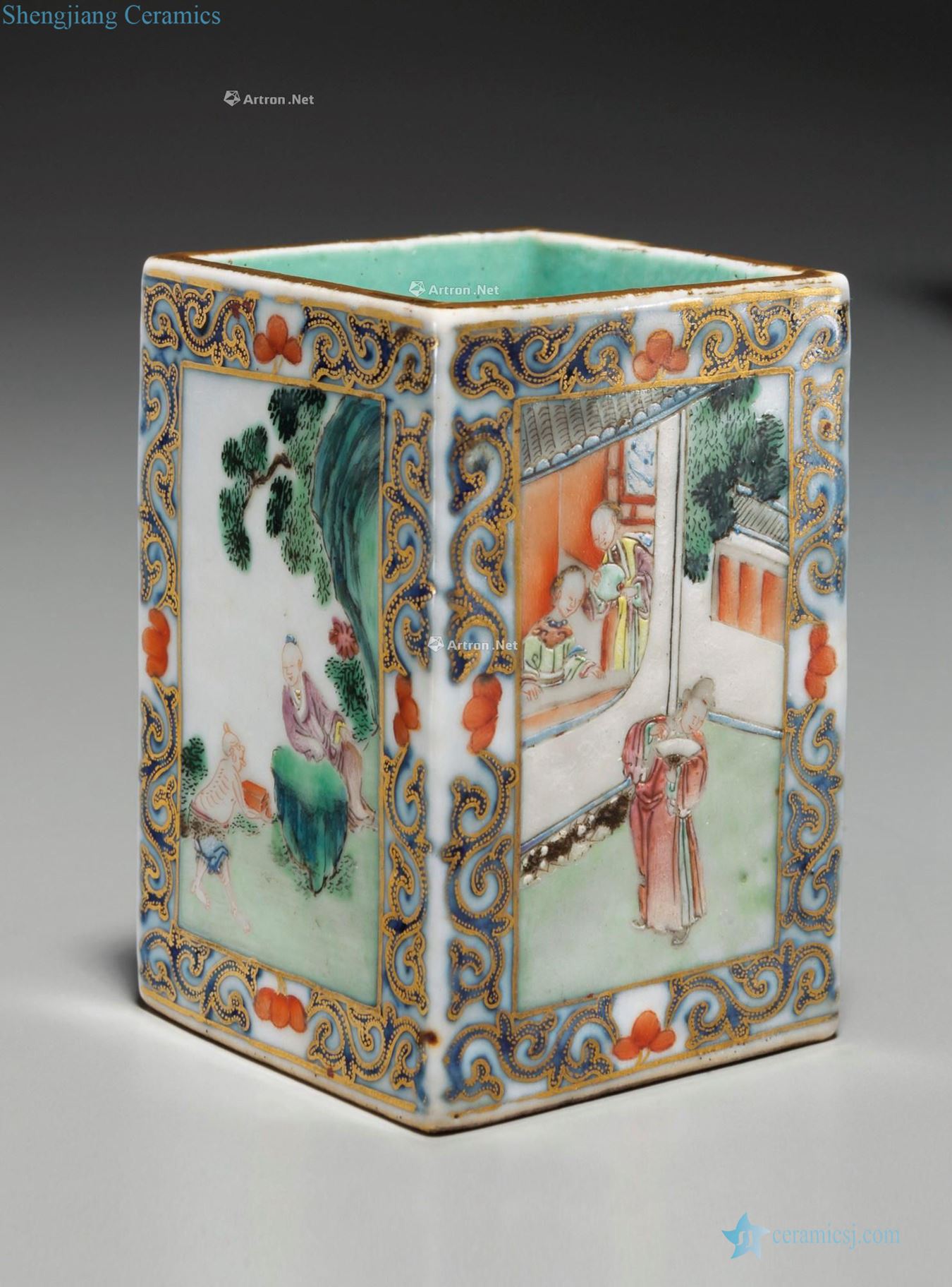 Qianlong period (1736-1795), A SMALL FAMILLE ROSE AND GILT - DECORATED SQUARE BRUSH POT