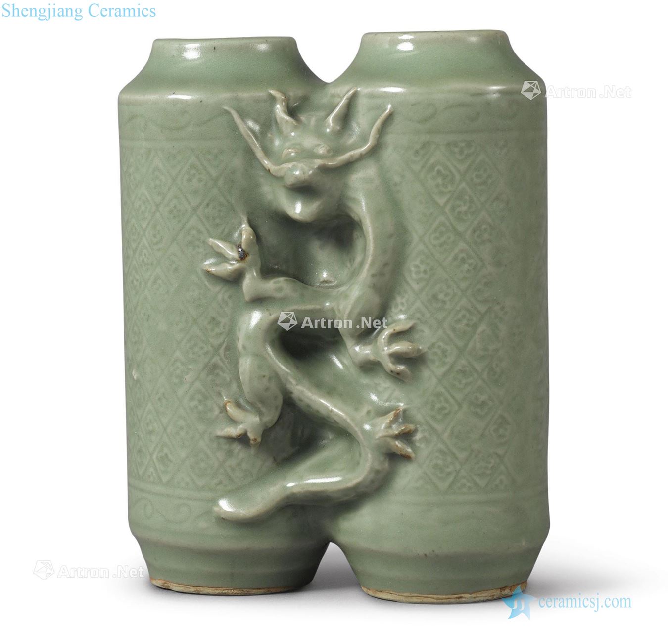 Ming Longquan celadon glaze paste longfeng grain double bottle