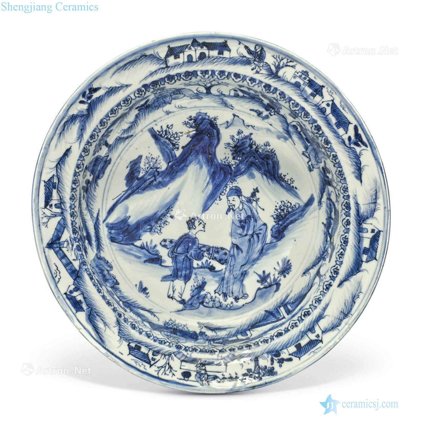 Ming chongzhen Blue and white figure fold along the basin with a harp