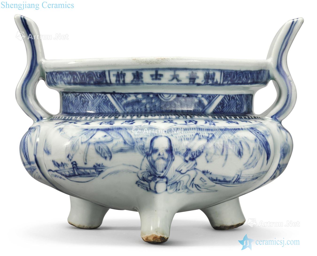 Ming wanli c year of blue and white Gao Shitu (1586) towards the crown ear fancy furnace with three legs
